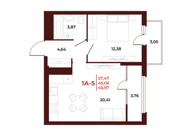 Квартира 46 м², 1-комнатная - изображение 1