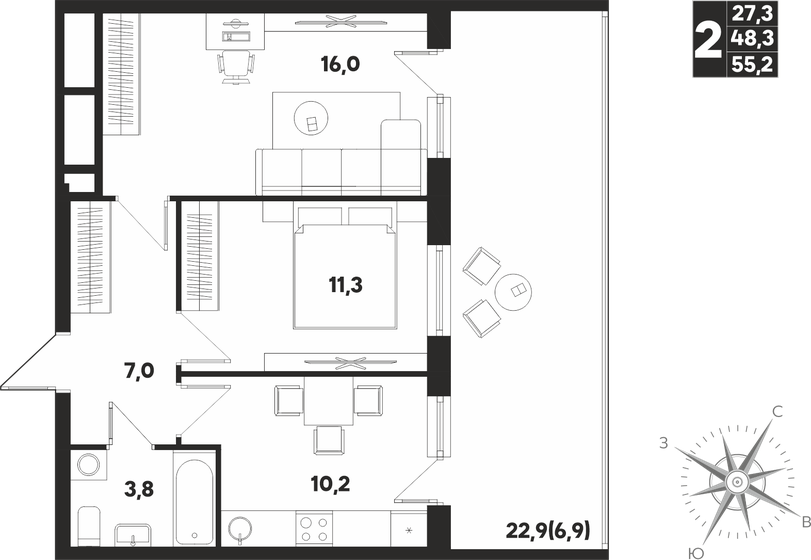 55,2 м², 2-комнатная квартира 7 507 200 ₽ - изображение 1
