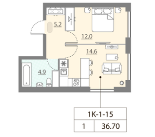 Квартира 36,7 м², 1-комнатная - изображение 1