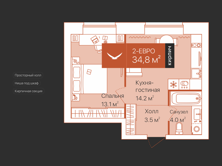 34,8 м², 1-комнатная квартира 6 960 000 ₽ - изображение 1