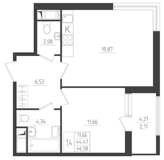 46,6 м², 2-комнатная квартира 7 755 570 ₽ - изображение 1