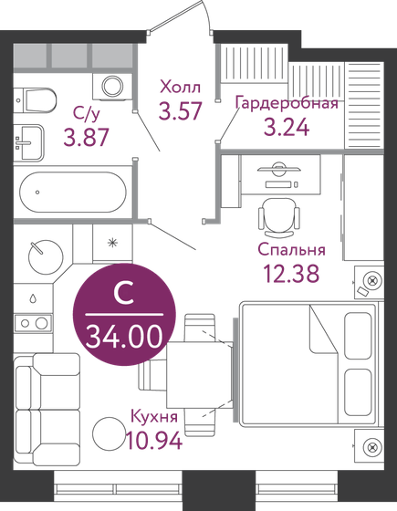 34,1 м², квартира-студия 12 476 000 ₽ - изображение 1