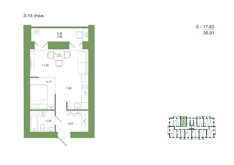 36,9 м², 1-комнатная квартира 3 691 000 ₽ - изображение 16