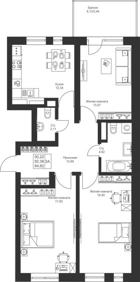 84,8 м², 3-комнатная квартира 10 432 860 ₽ - изображение 1