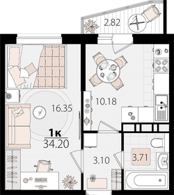 Квартира 34,2 м², 1-комнатная - изображение 1