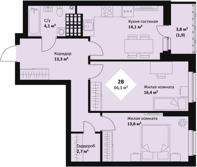 66,3 м², 2-комнатная квартира 10 276 500 ₽ - изображение 1