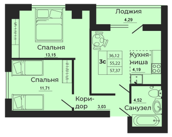 Квартира 57,2 м², 3-комнатная - изображение 1