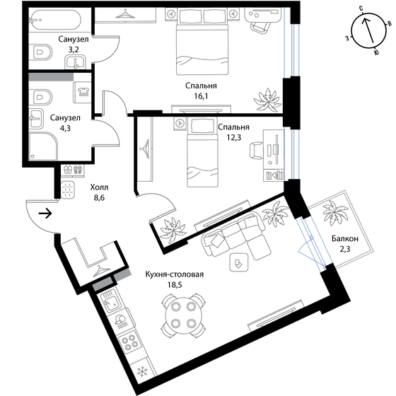 63,7 м², 3-комнатная квартира 10 829 000 ₽ - изображение 1