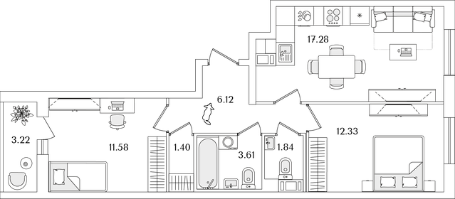 Квартира 55,8 м², 2-комнатная - изображение 1