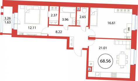 Квартира 68,6 м², 2-комнатная - изображение 1