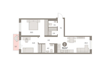 Квартира 70 м², 2-комнатная - изображение 1