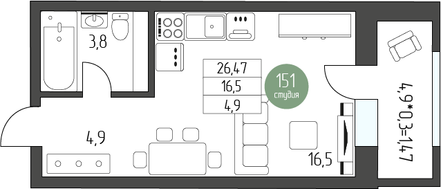 29,7 м², квартира-студия 4 334 550 ₽ - изображение 11