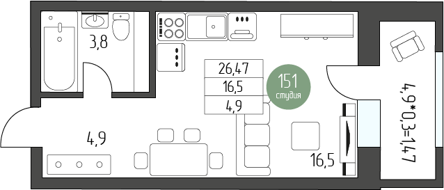 37 м², квартира-студия 3 500 000 ₽ - изображение 18