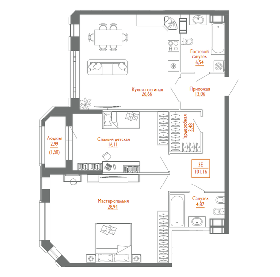 101,2 м², 3-комнатная квартира 30 106 344 ₽ - изображение 1