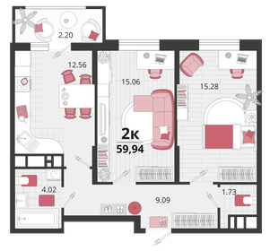 Квартира 59,9 м², 2-комнатная - изображение 1