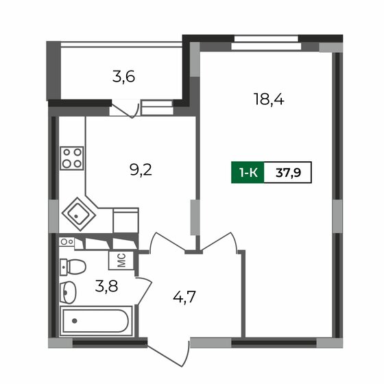 37,9 м², 1-комнатная квартира 3 600 500 ₽ - изображение 1