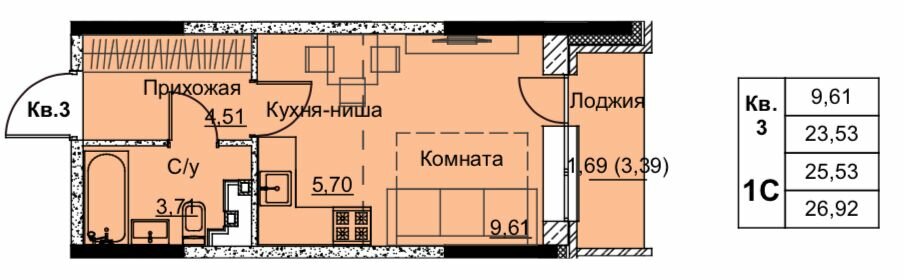 Квартира 25,5 м², 1-комнатная - изображение 1