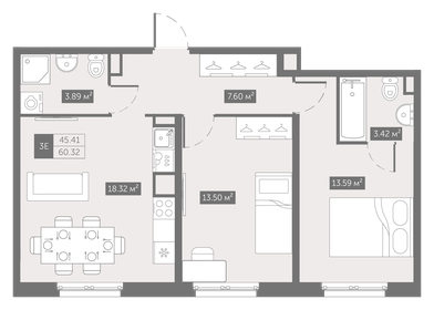 Квартира 60,3 м², 2-комнатные - изображение 1
