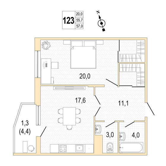 57,3 м², 1-комнатная квартира 16 929 000 ₽ - изображение 1