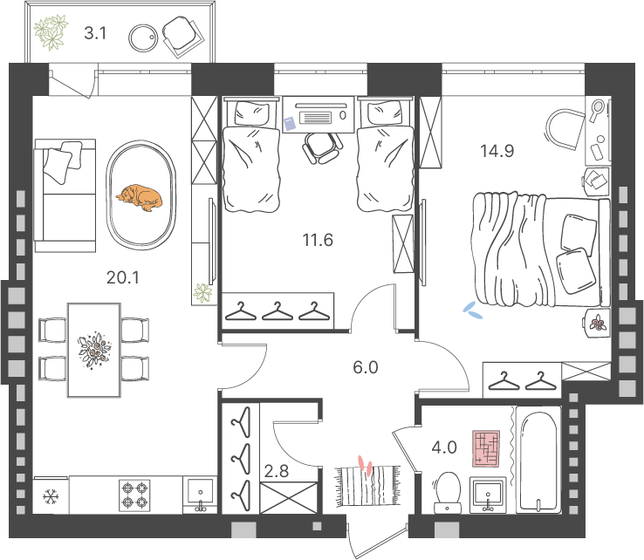 60,3 м², 2-комнатная квартира 7 540 515 ₽ - изображение 9
