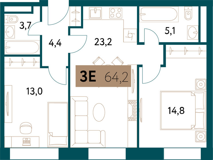 64,3 м², 3-комнатная квартира 41 275 864 ₽ - изображение 1