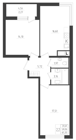 61,3 м², 2-комнатная квартира 10 150 115 ₽ - изображение 1