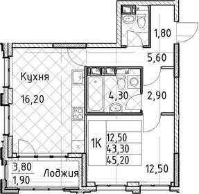 Квартира 45,2 м², 1-комнатная - изображение 1