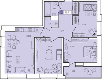 Квартира 73,7 м², 3-комнатная - изображение 1