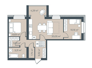 Квартира 62,6 м², 3-комнатная - изображение 1