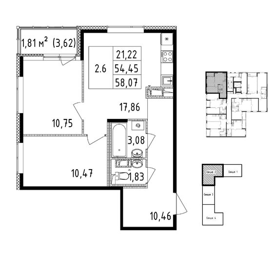 58,1 м², 2-комнатная квартира 16 500 000 ₽ - изображение 1