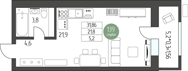 35,5 м², квартира-студия 5 147 540 ₽ - изображение 37