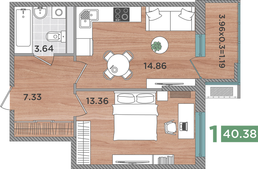 40,4 м², 1-комнатная квартира 5 370 540 ₽ - изображение 1