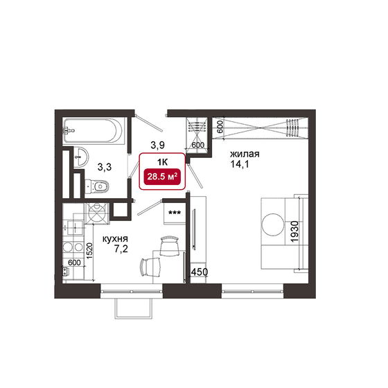 28,5 м², 1-комнатная квартира 6 622 000 ₽ - изображение 1