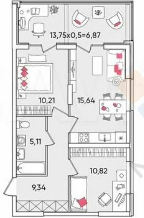 57,6 м², 2-комнатная квартира 7 100 000 ₽ - изображение 1