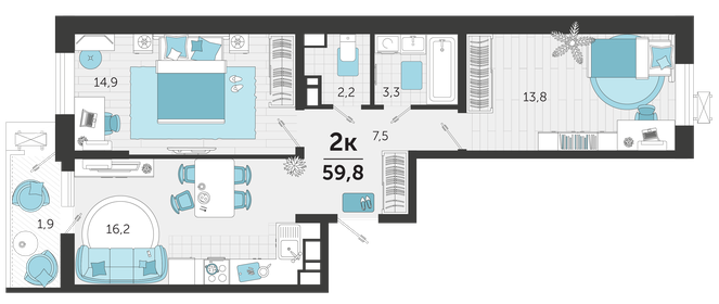 50,1 м², 2-комнатная квартира 5 499 000 ₽ - изображение 30