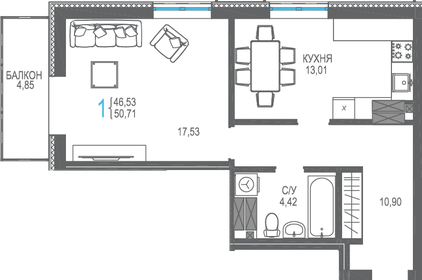 58,4 м², 1-комнатная квартира 12 316 650 ₽ - изображение 50