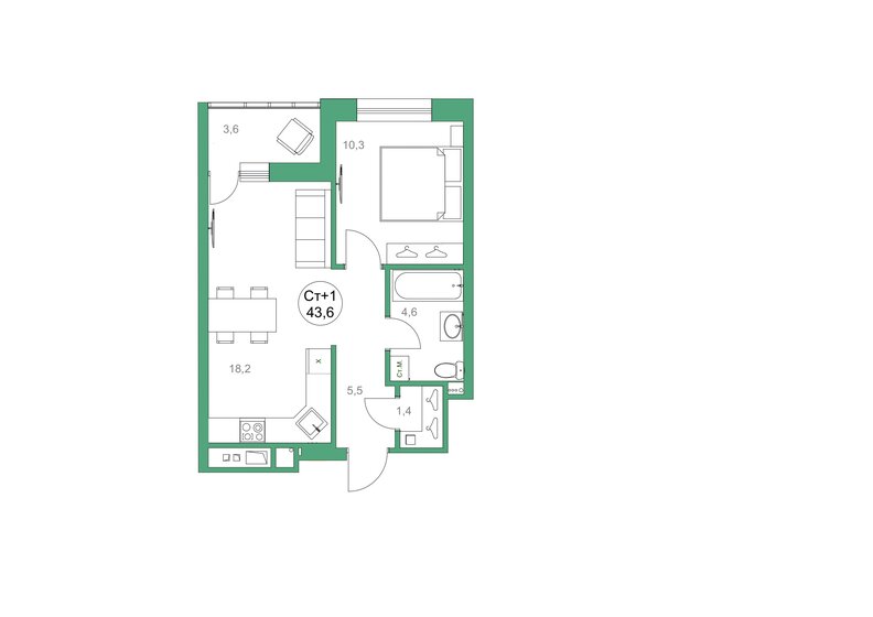 43,5 м², 1-комнатная квартира 7 690 000 ₽ - изображение 1