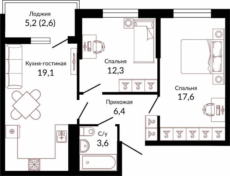 61,6 м², 2-комнатная квартира 8 328 320 ₽ - изображение 1