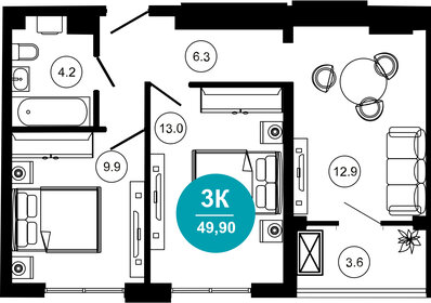 Квартира 49,9 м², 3-комнатные - изображение 1