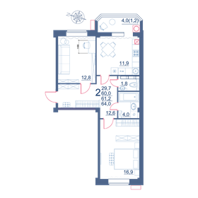 Квартира 64 м², 2-комнатная - изображение 1