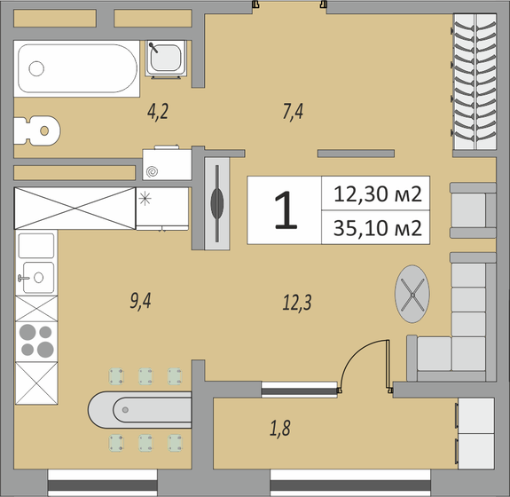 35,1 м², 1-комнатная квартира 2 745 522 ₽ - изображение 1