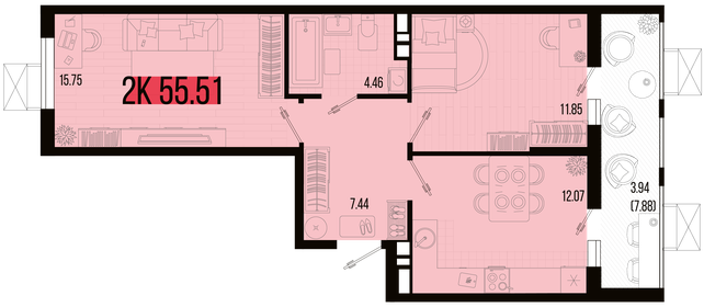 Квартира 55,5 м², 2-комнатная - изображение 1