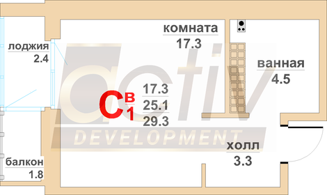 Квартира 25,1 м², 1-комнатная - изображение 1