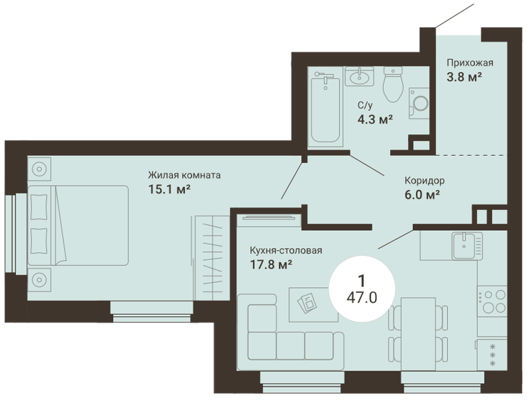 47 м², 1-комнатная квартира 5 499 000 ₽ - изображение 1