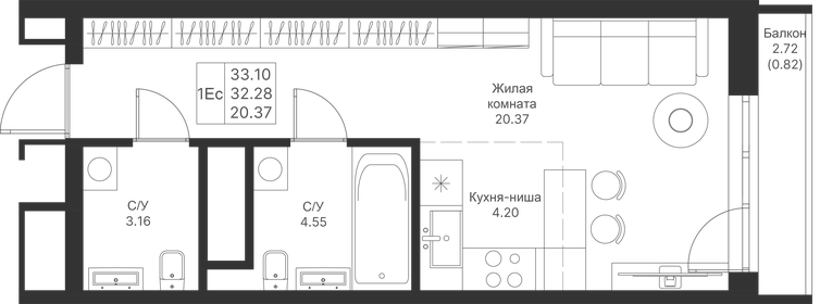 Квартира 33,1 м², студия - изображение 1