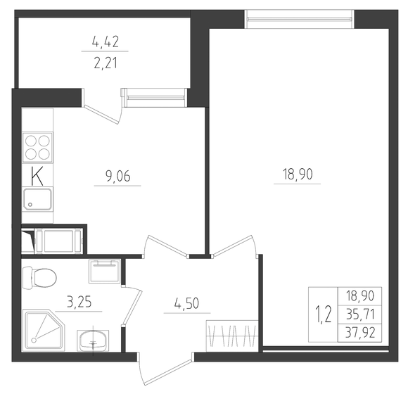 37,9 м², 1-комнатная квартира 6 256 800 ₽ - изображение 1