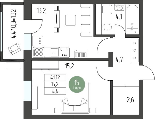 44,2 м², 1-комнатная квартира 5 921 280 ₽ - изображение 1