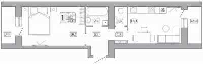 Квартира 39,3 м², 1-комнатная - изображение 1