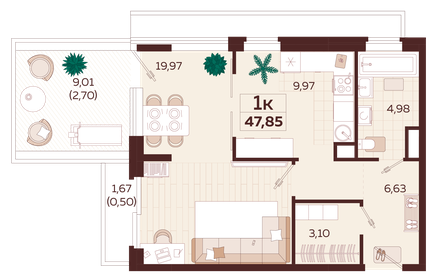 Квартира 47,9 м², 1-комнатная - изображение 1