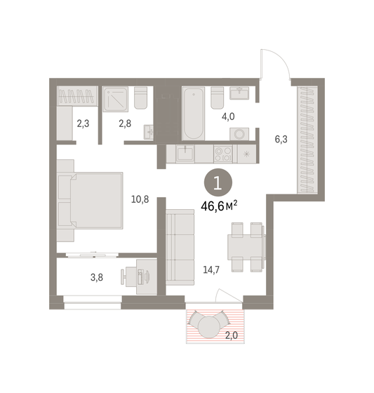 46,6 м², 1-комнатная квартира 10 200 000 ₽ - изображение 1